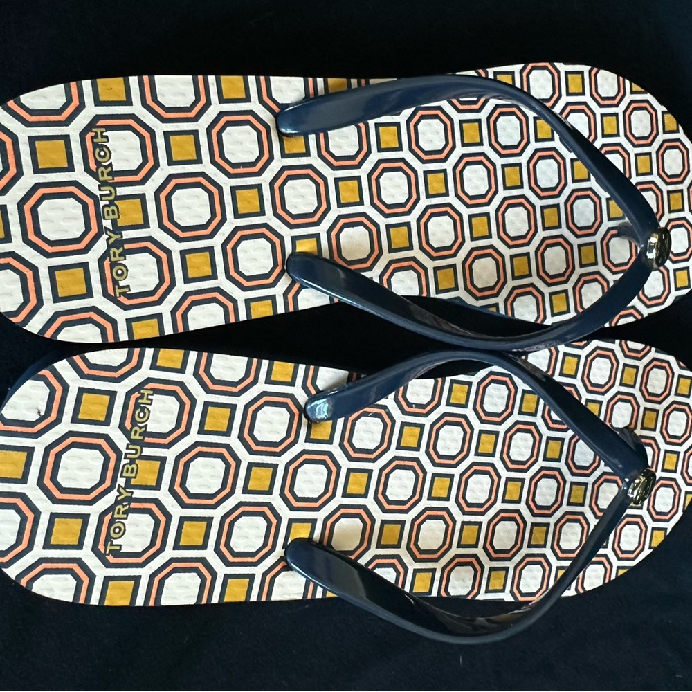 Tory Burch Navy Strap Geometric Flip Flops new - Picture 11 of 12